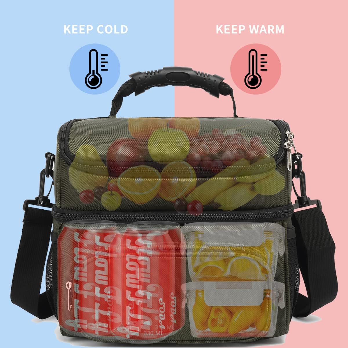 FlowFly Double Layer Cooler Insulated Lunch Bag Adult Lunch Box Large Tote Bag for Men, Women, With Adjustable Strap,Front Pocket and Dual Large Mesh Side Pockets