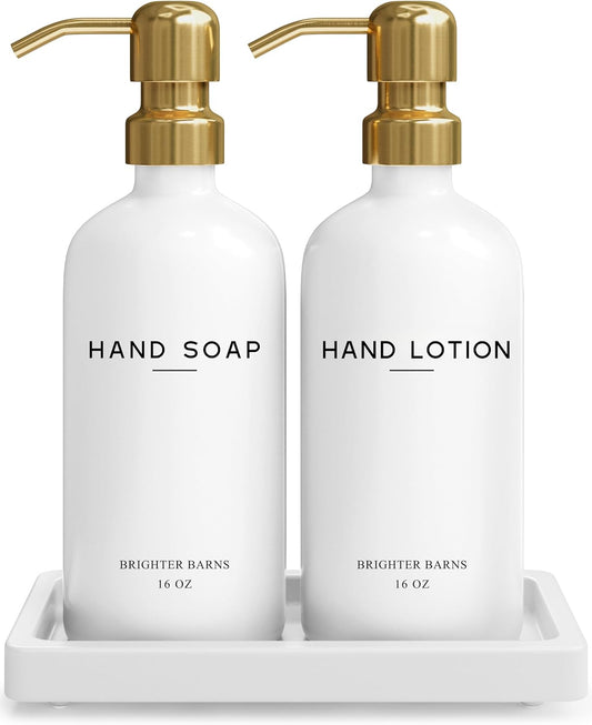 Luxury Glass Soap and Lotion Dispenser Set with Tray by Brighter Barns - Hand Soap Dispenser Bathroom Set & Stainless Steel Pump for Home or Airbnb - White and Gold Bathroom Accessories & Decor (Gold)