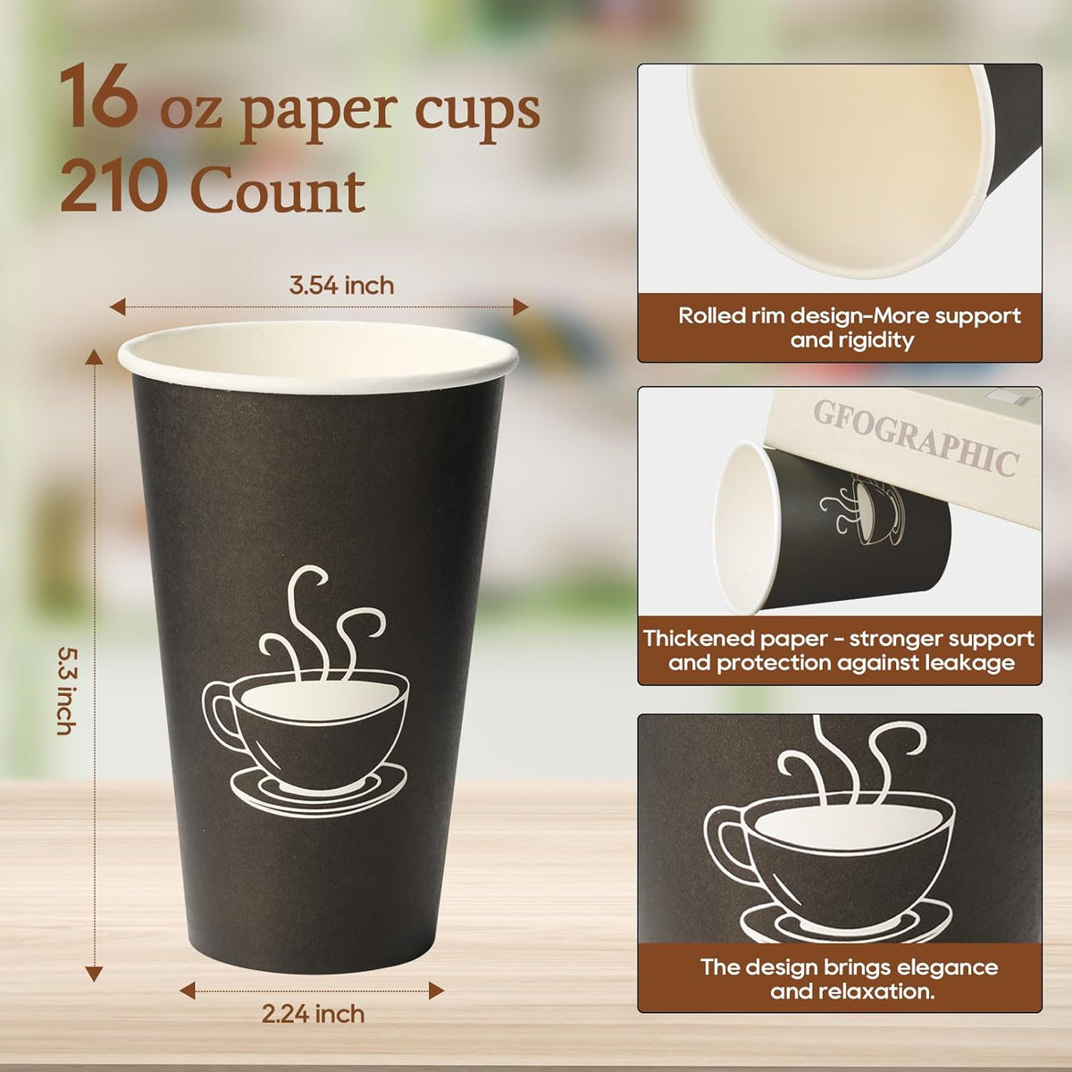 16 oz Paper Coffee cups, 210 Count, Disposable Drinking Cups for Parties, Office Use, and Everyday Needs