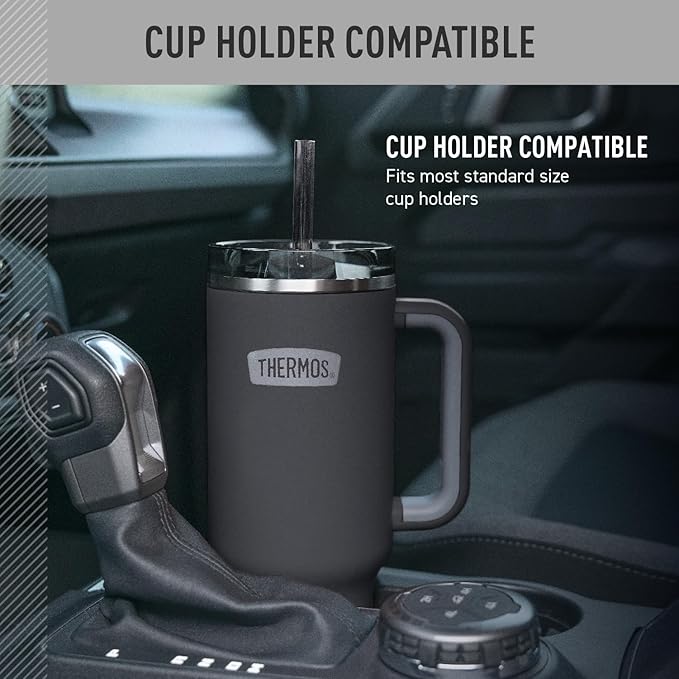 THERMOS Stainless Steel Cup Holder Mug - 40 Ounce, Granite - Insulated Tumbler with Lid and Straw, Plus Leak-Resistant Slide Lock