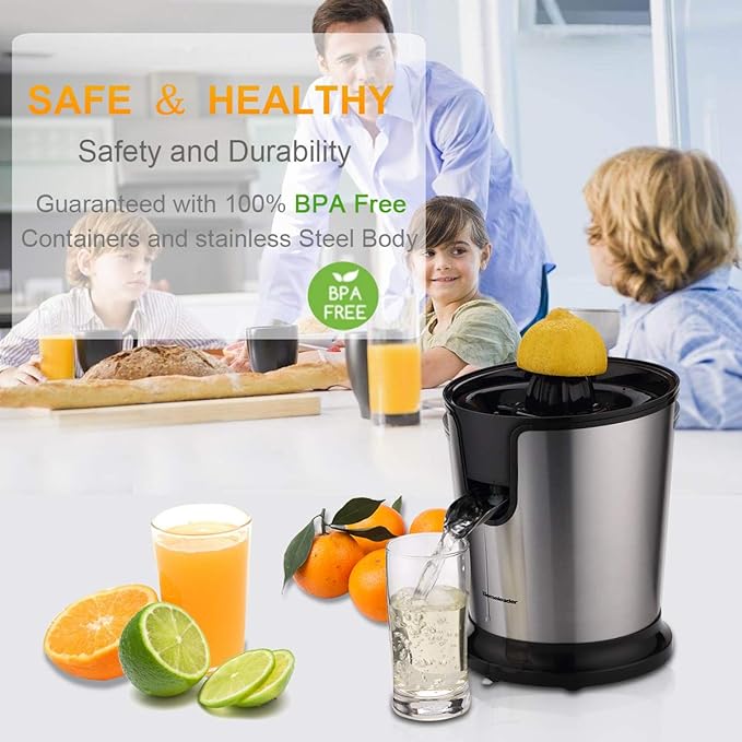 Homeleader Electric Citrus Juicer, Lemon Squeezer with Stainless Steel, Orange Squeezer with Two Cones, Powerful Motor for Grapefruits, Orange and Lemon, Black