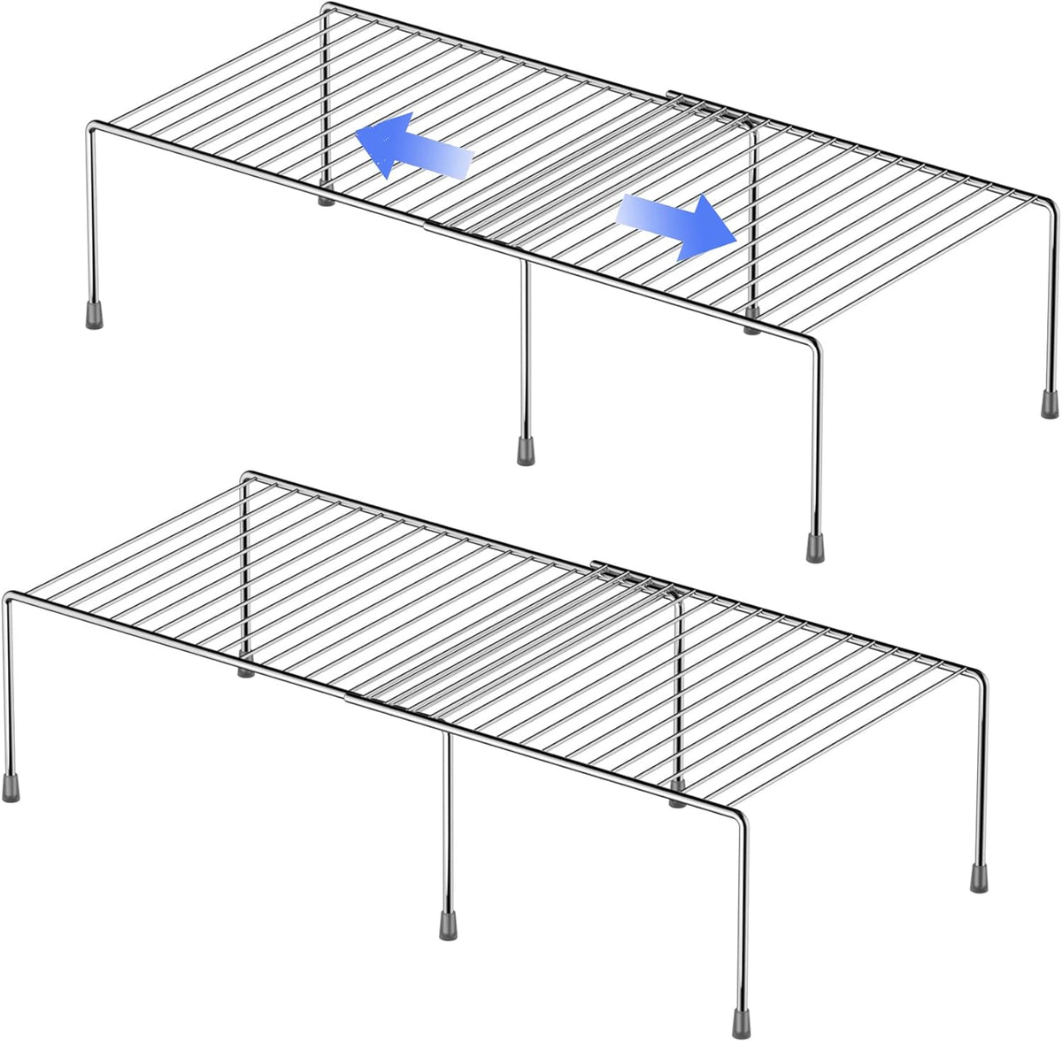 Redrubbit Cabinet Storage Shelf Rack, 4 Piece Expandable Metal Rustproof Kitchen Counter and Cabinet Shelf, Storage Rack Organizer Space Saver for Kitchen, Fridge, Cabinet, Bathroom, Chrome, Set of 2