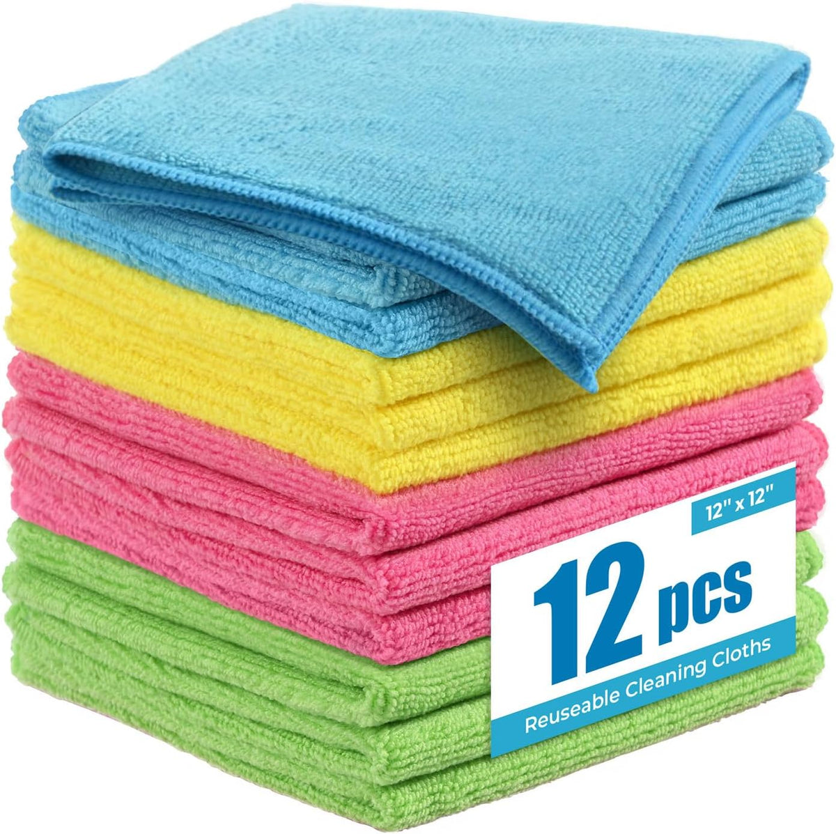 Microfiber Cleaning Cloths 12”x12”, 12Pack - Extra Thick Kitchen Towels - Streak-Free, Lint-Free, Fast Absorbent - Reusable Multi-Purpose Housekeeping Rags for Cars, Dishes, Floors, Tiles
