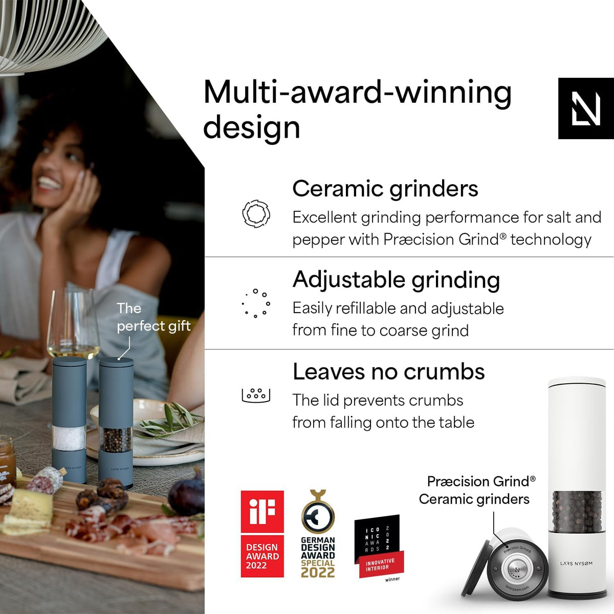 LARS NYSØM Salt and Pepper Grinder Set Manual, Stainless Steel Salt and Pepper Mills with Adjustable Ceramic Grinder I Design Spice Shakers (Pure White)