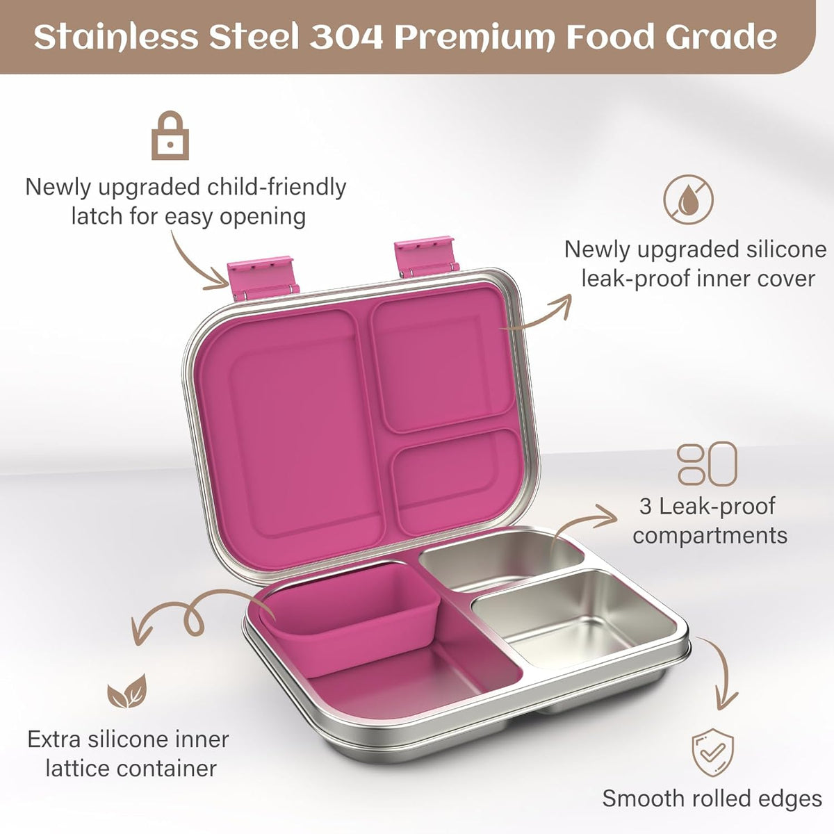 Stainless Steel Bento Box Kids, 3 Compartments Leak Proof Metal Bento Lunch Box, 304 Stainless Steel Bento Lunch Containers for School and Office,Dishwasher Safe, BPA-Free-Pink