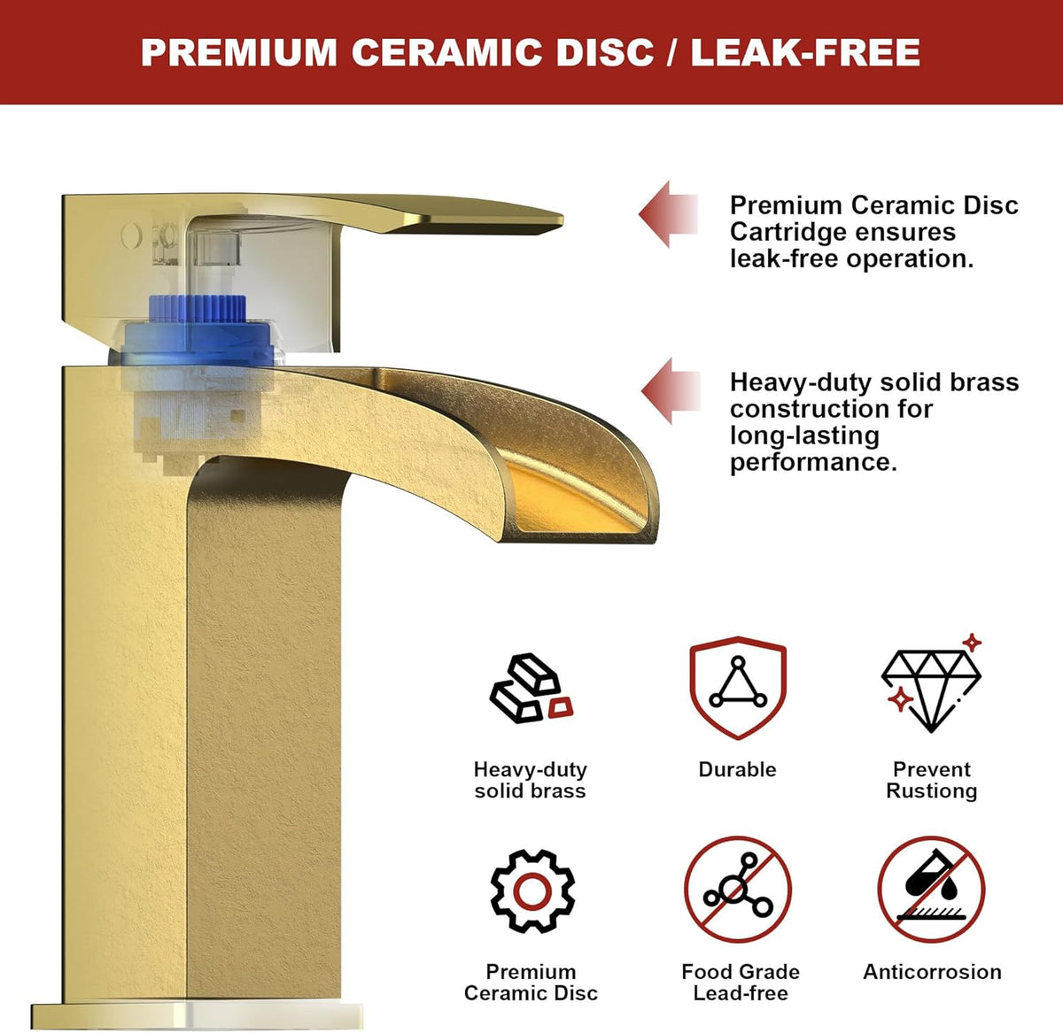 Brushed Gold Bathroom Faucet Waterfall Vanity Faucet for Brass 1 Hole Sink Single Handle Modern Mixer Tap with Pop-up Drain Stopper for Lavatory Farmhouse Rv