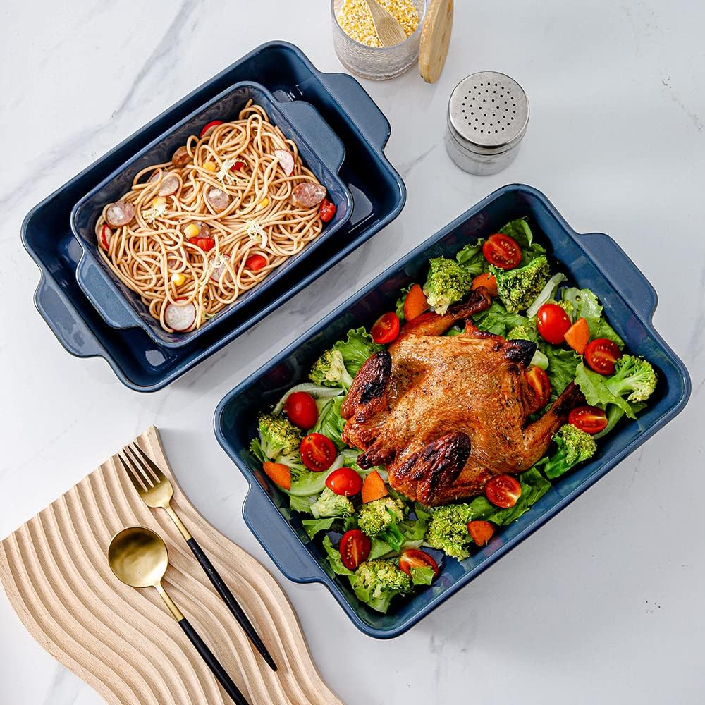 HVH Baking Dish Set, 9x13 Baking Dish, Large Casserole Dish Set, Ceramic Lasagne Pan Deep, Baking Dishes for Casseroles 13 x 9, Ceramic Bakeware Set of 3, Farmhouse Style (Blue)