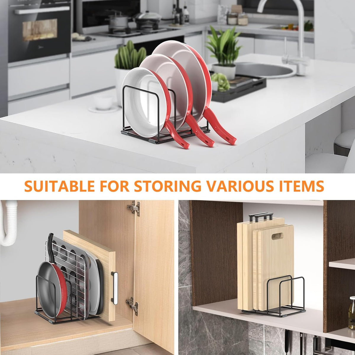Kitchen Cabinet Organizer, 2PSC Steel Cookware Holder, Divided Holder with 3 Slots for Skillets Baking Tray and Chopping Board Rack - Pan Holder Storage (2.2 Inch Width Slots)