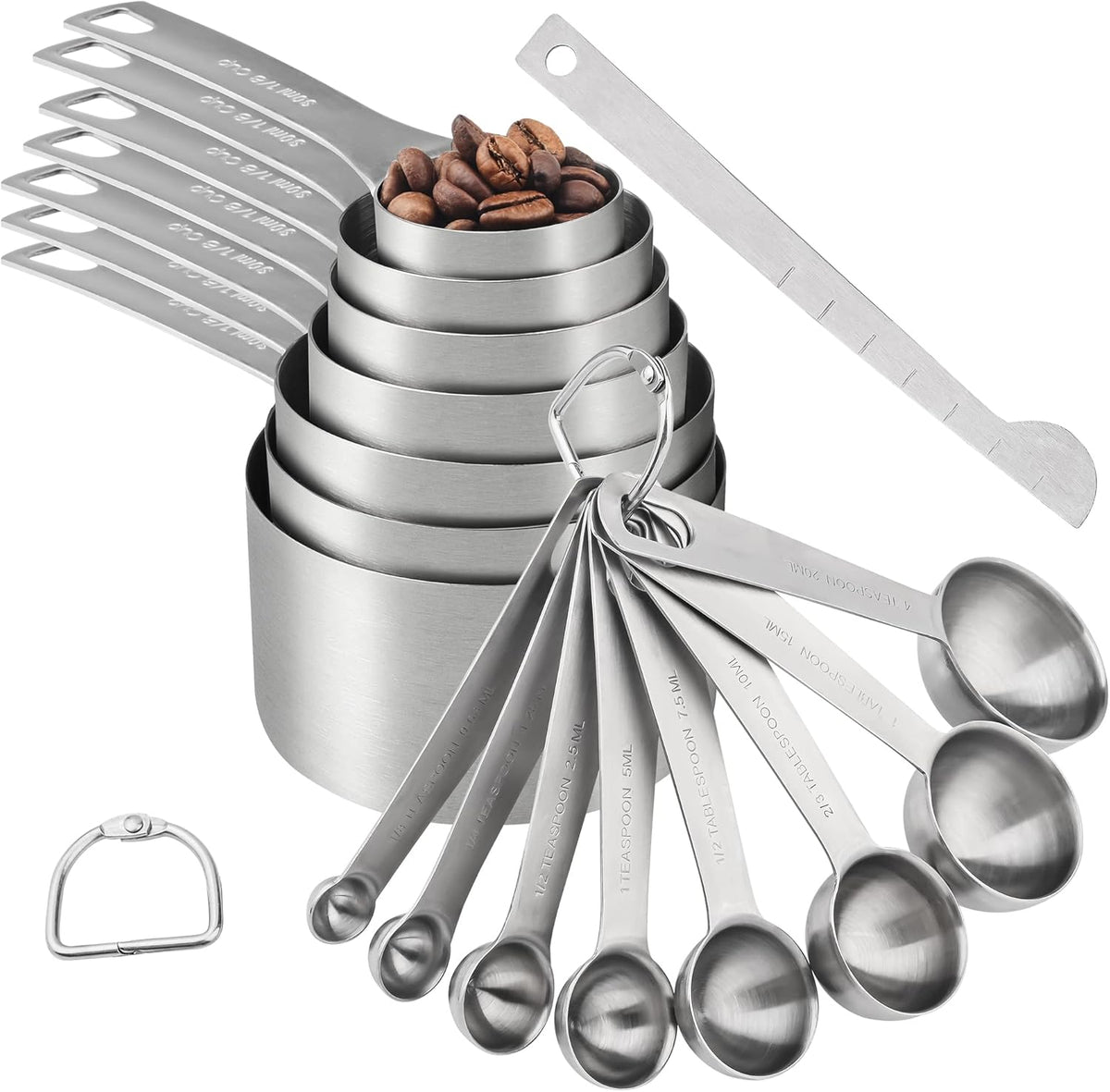 Measuring Cups and Spoons Set of 15 Pcs, 7 Stainless Steel Stackable Heavy Measuring Cups, 8 Measuring Spoons, Metal Measuring Spoons and Cups for Dry or Wet Ingredients During Baking.