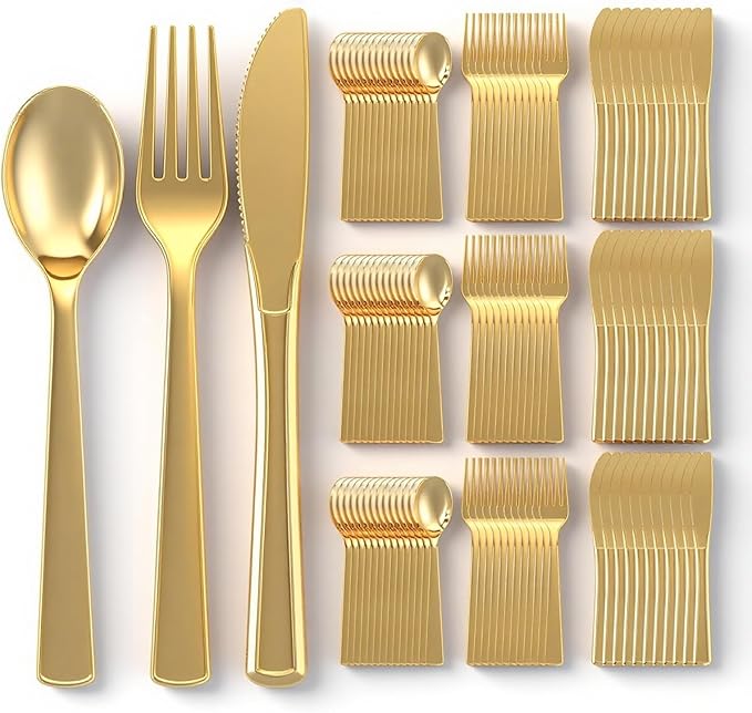 EI 360pcs Gold Plastic Silverware,Gold Silverware Disposable,Gold Forks and Spoons,Gold Cutlery include 120pcs Plastic Forks,120pcs Plastic Spoons and 120pcs Plastic Knives