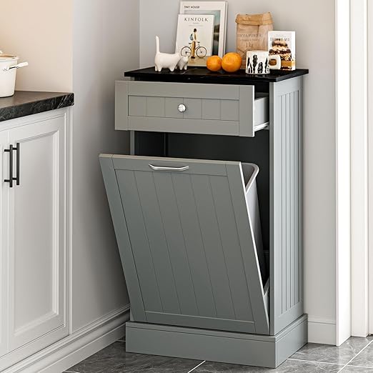 GAZHOME 10 Gallon Tilt Out Trash Cabinet, Upgrade Wooden Free Standing Recyclin Trash Cabinet with Hideaway Drawer(Gray)