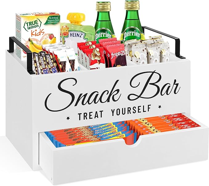 Snack Organizer for Countertop, Wood Pantry Storage Bins with Handles, Snack Organizer for Pantry, Kitchen, 4 Compartment Food Container Snack Box with Drawer, Pantry Organizer for Snacks, Chips