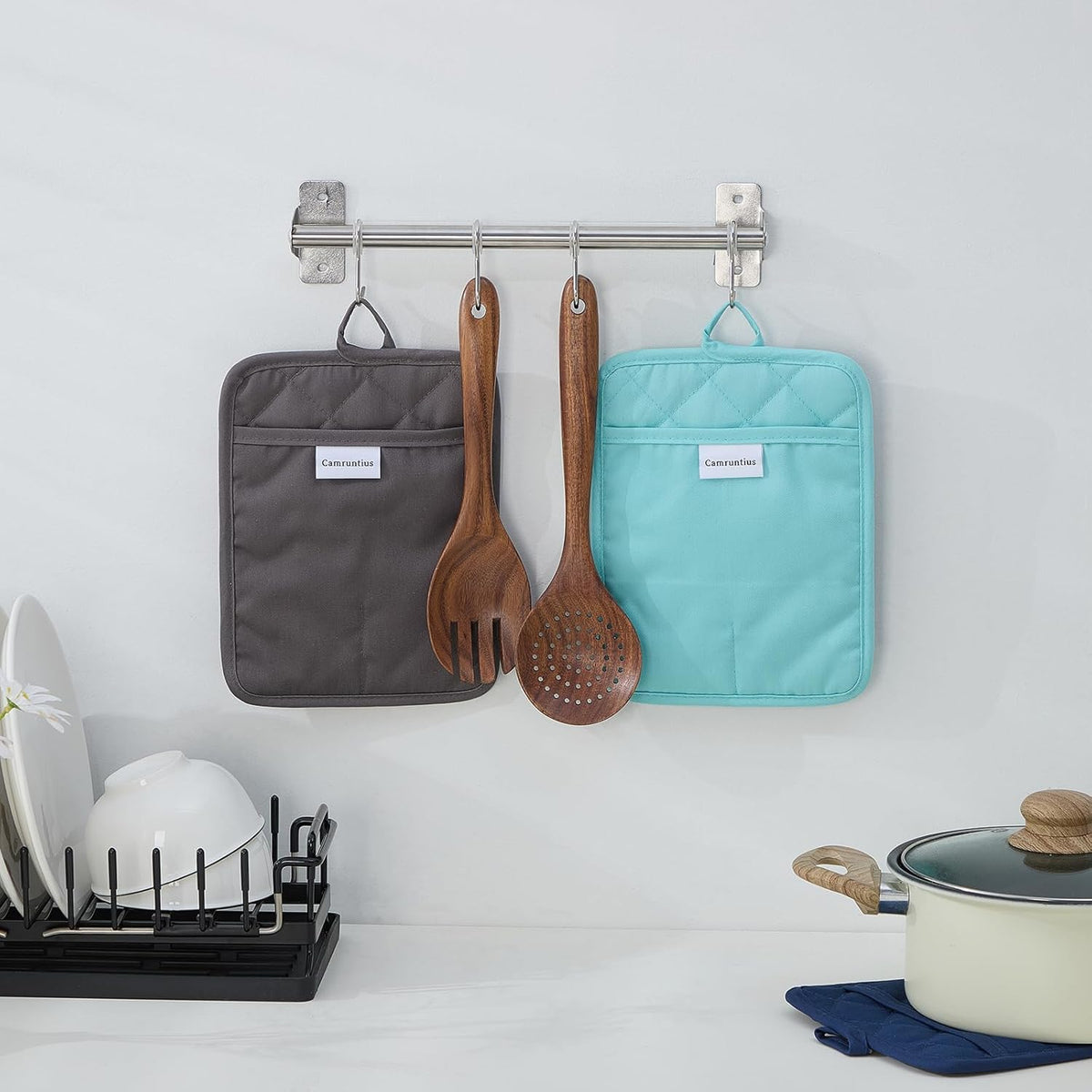Kitchen Pot Holders, 7"x9", Rectangular with Pocket, Cotton and Neoprene Heat-Resistant Potholders for Cooking and Baking, Machine Washable, 3-Piece Set (Sky Blue)