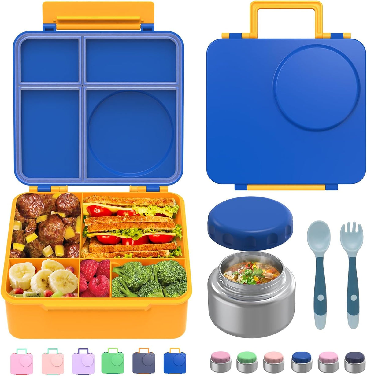 Bento Box for Kids - Leak-Proof Lunch Box with Insulated Thermos Food Jar - 4 Compartments, 1 Removable Divider, 1Spoon, 1 Fork - Dishwasher Safe, BPA-Free (Blue)