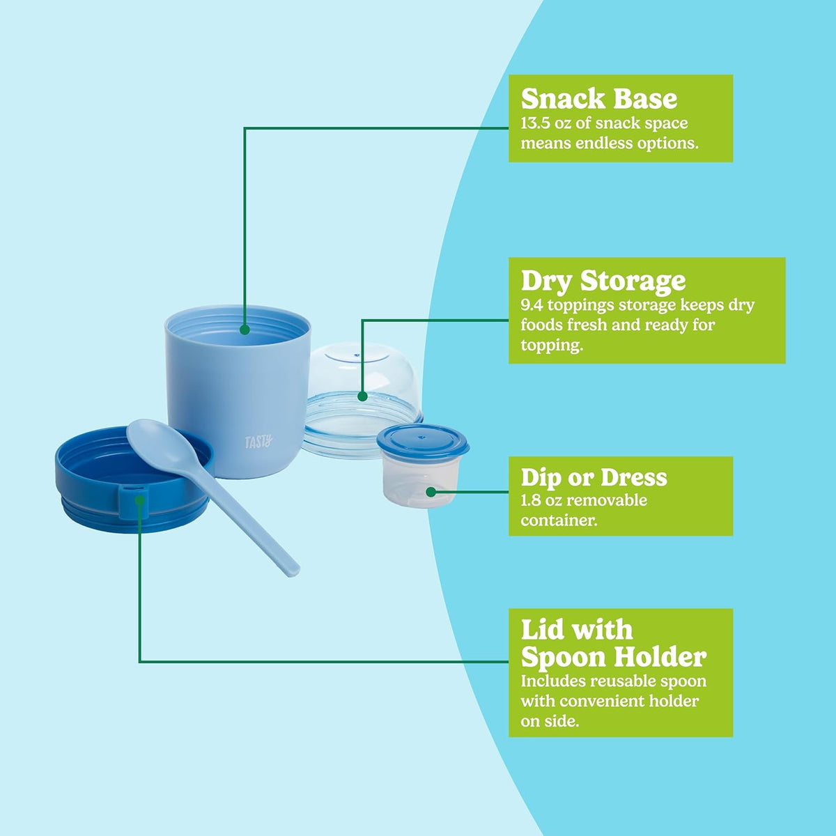 Tasty Travel Snack Cups with Spoons, On-The-Go Snacking, Divided Compartments, Great for Nuts, Cereal, Granola, Yogurt and More, Made Without BPA, 2-Pack, Blue