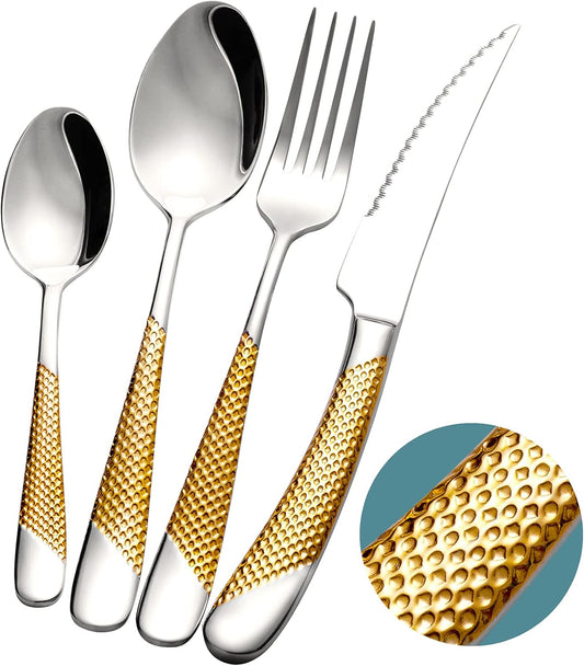 16 Piece Hammered Silver Gold Silverware Set, Modern Golden 18/10 Stainless Steel Flatware Set, Kitchen Utensil Set Service for 4, Tableware Cutlery Set, Knives Forks Spoons Set