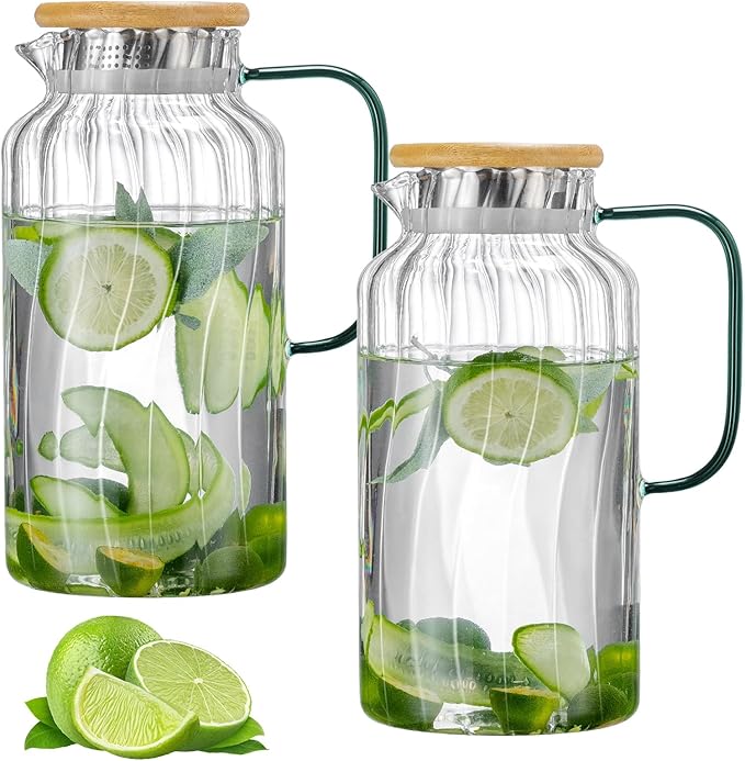 Buaic 2 PACK Glass Pitcher with Lid, 68 oz/ 2 Liter Classic Vertical Stripes Water Pitcher with Bamboo Lids,Glass Water Carafe for Cold Brew, Coffee, Lemonade, Iced Sun Tea,Beverage,Milk
