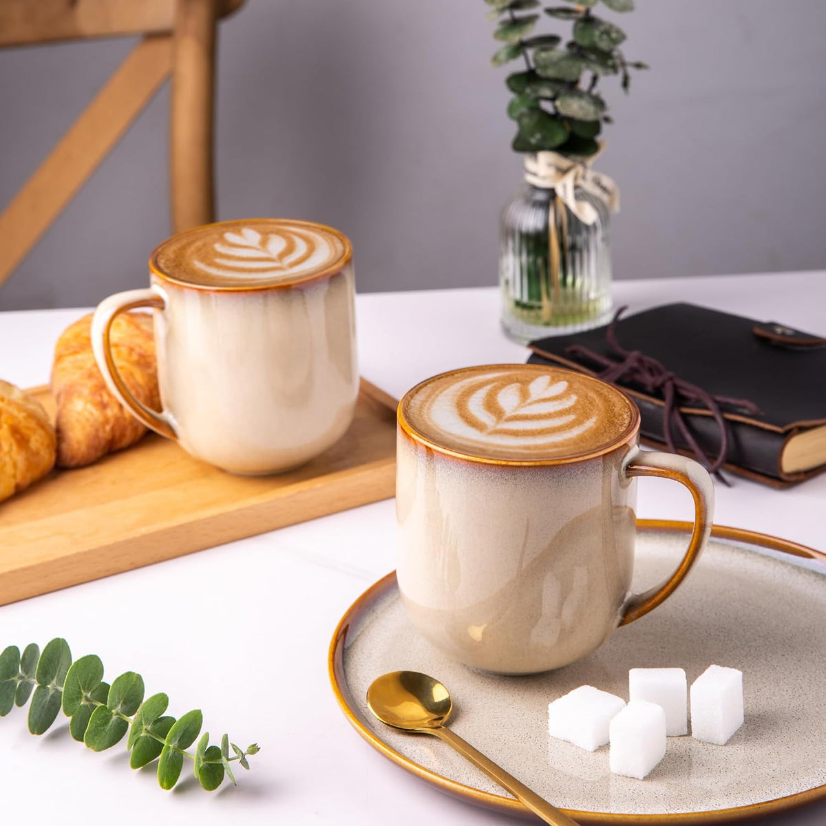 LERATIO 12OZ Ceramic Coffee Mugs Set of 6, Large Porcelain Coffee Cups With Large Handle For Latte,Cappuccino,Milk,Cocoa,|Dishwasher&Microwave Safe Mug Sets,Ideal for Man,Woman,Dad, Mom-Kahki
