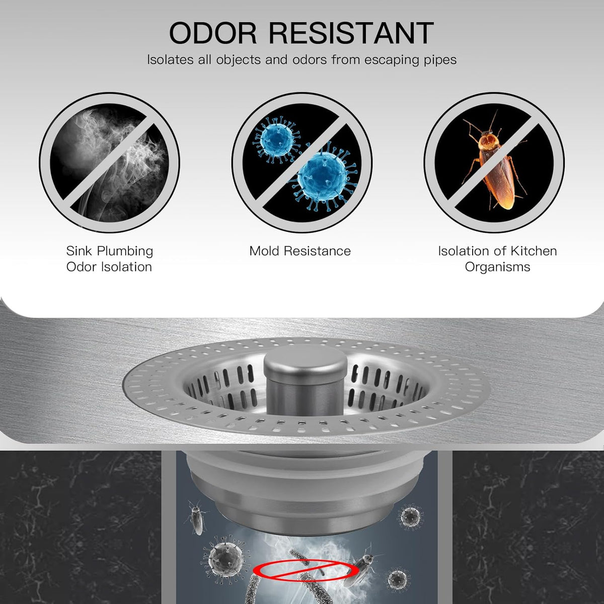 3 in 1 Kitchen Sink Drain Strainer Stopper, Stainless Steel Pop Up Sink Stopper with Anti-Clogging Basket Strainer Width 3.07" Height 1.77 for Deep Sink (Silver)
