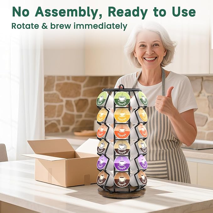 EsLuker.ly K Cup Coffee Pod Holder Organizer Carousel for Counter, Rotating Metal Rack Stand Small for 36 Pods Home Office Kitchen Storage, No Assembly Required, Black