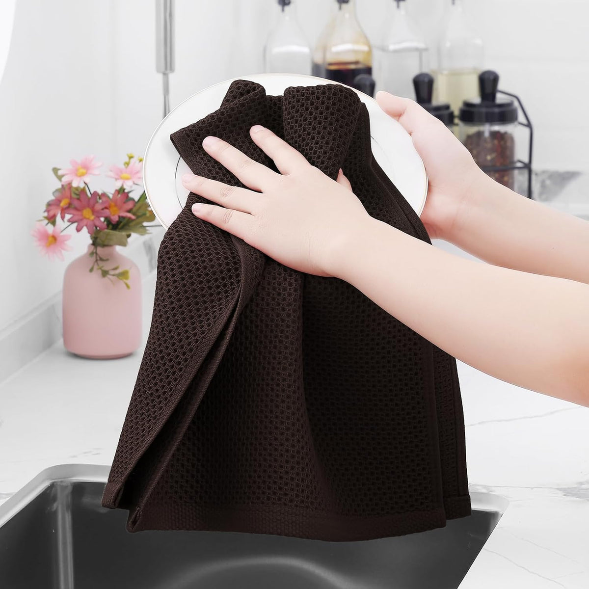 Homaxy 100% Cotton Waffle Weave Kitchen Dish Towels, Ultra Soft Absorbent Quick Drying Cleaning Towel, 13 x 28 Inches, 12-Pack, Dark Brown