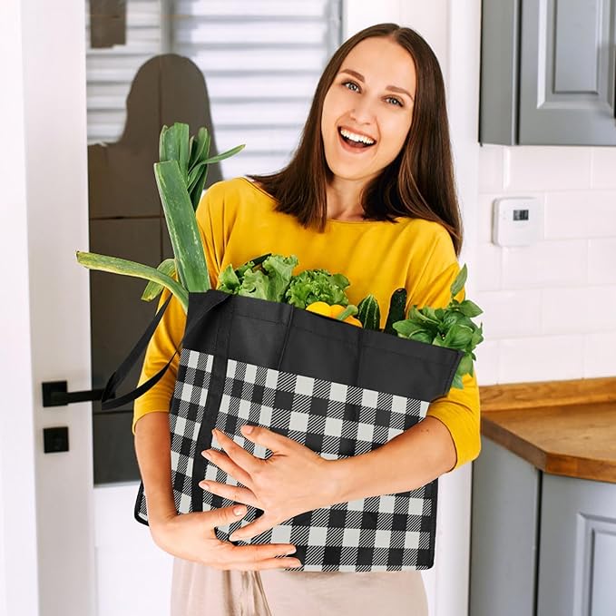 WISELIFE Reusable Grocery Shopping Bags 10 Pack Large Foldable Tote Bags Bulk, Eco Produce Bags with Long Handle for Shopping Groceries Clothes (Plaid D)