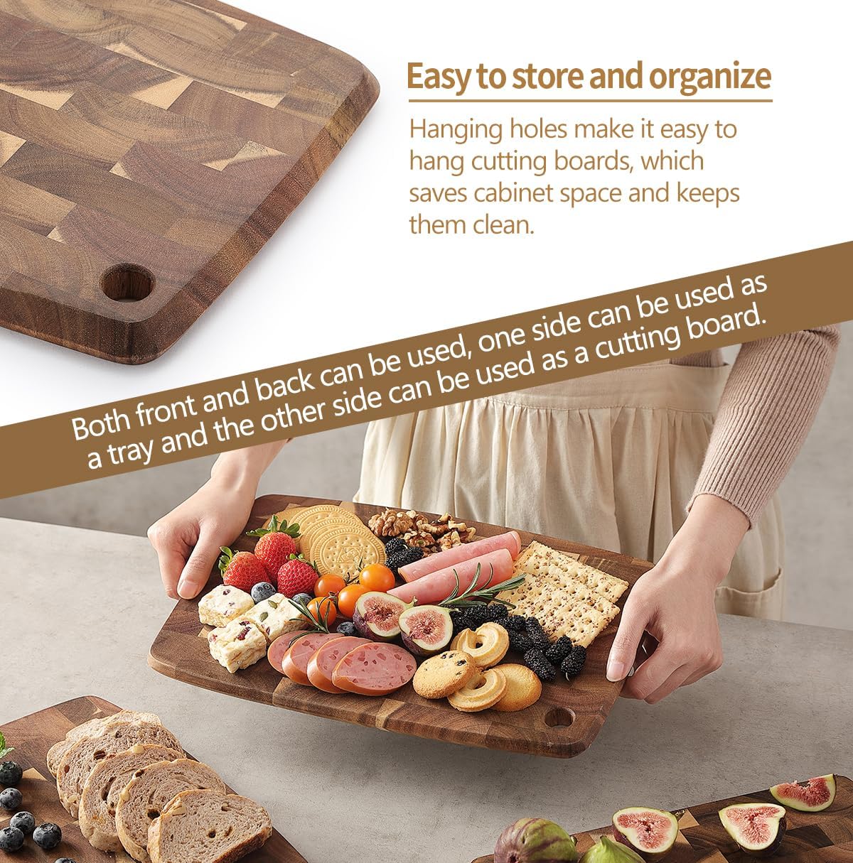 XINZUO Small Acacia Wood End-Grain Kitchen Cutting and Serving Board, for Kitchen, 14" x 9" Reversible Wooden Chopping Board for Meat, Cheese, Fruit & Vegetables,Easy to Clean(Rectangular)