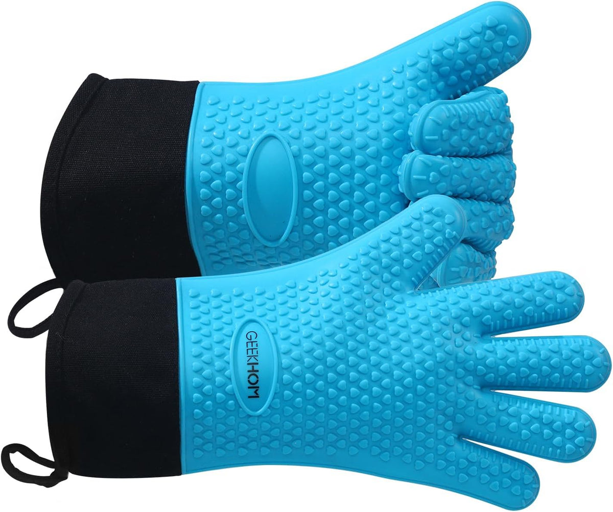 GEEKHOM BBQ Gloves Heat Resistant Oven Mitts - Silicone Grilling Gloves with 13.7" Arm Protection - Waterproof Pot Holder Non-Slip for Men & Women, Kitchen Outdoor Cooking, Baking, Camping, Blue