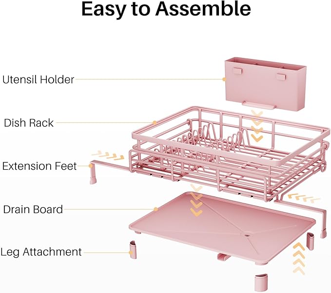 SNTD Dish Drying Rack - Extendable Dish Rack, Large Sink Drying Dish Drainer for Kitchen Counter, Stainless Steel Dish Strainer with Utensil Holder (Pink)