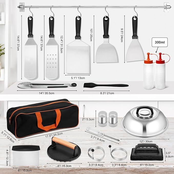 25Pcs Griddle Accessories Kit, Leonyo Flat Top Grill Accessories for Outdoor, Professional BBQ Griddle Tools Smash Burger Press Kit with Enlarged Spatulas Scraper, Basting Cover - PP Handle