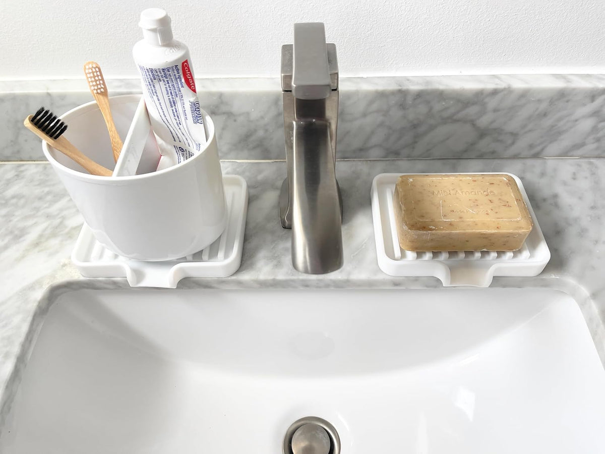 Happitasa Silicone Soap Dish Tray and Sponge Holder with Drain Chute, Pack of 2 | Bathroom and Kitchen Sink Organizer Caddy (Light Grey, 5.2"x4", 7.2 Ounces)