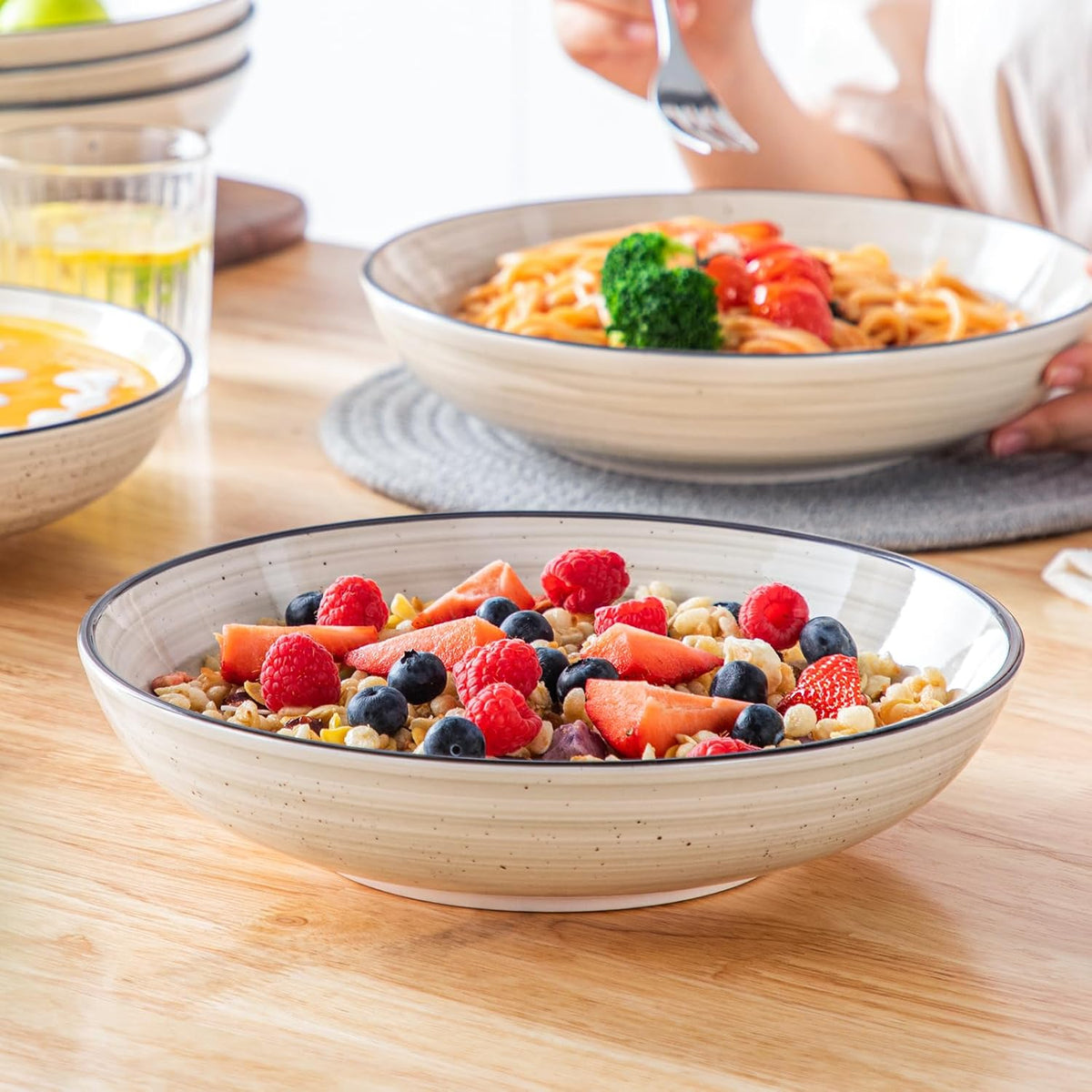 vancasso Bonbon Large Pasta Bowls Set of 6, 50 Oz Ceramic Salad Bowls, Wide and Shallow Bowls Set, Large Serving Bowls for Kitchen, Beige