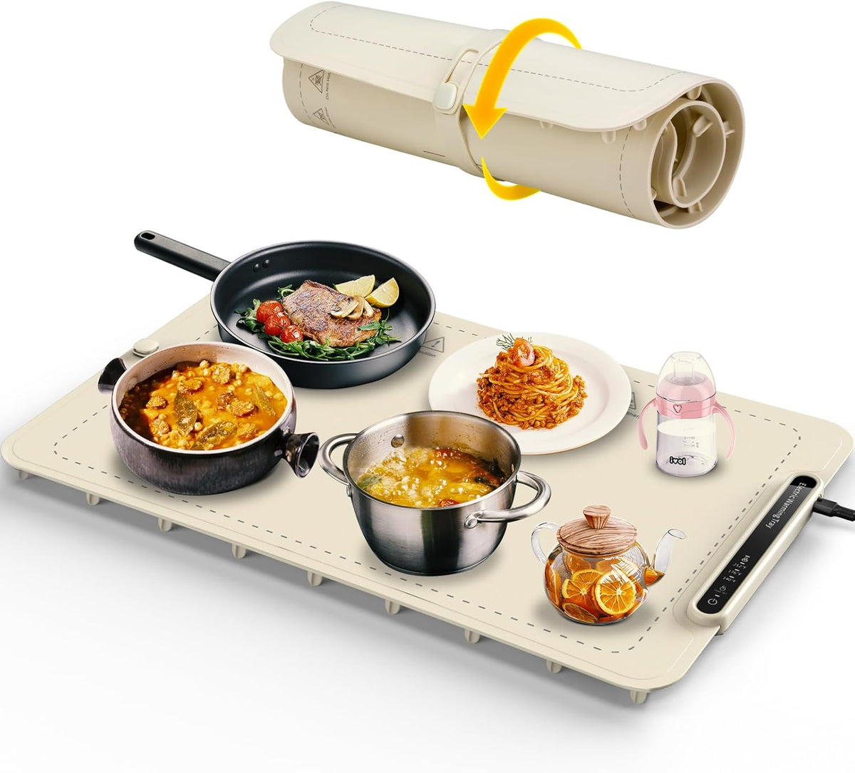 Warming Tray with Full Surface Heating, Foldable & Portable Food Warmer, 3 Temperature Settings & Child Lock, Premium Silicone Warmer Mat for Parties, Family Gatherings, Holidays, Daily Use