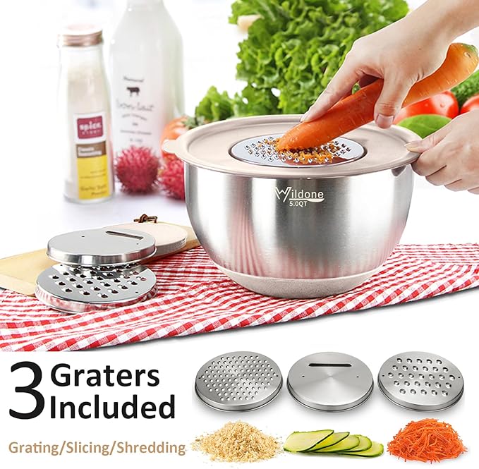Wildone Mixing Bowls with Airtight Lids, 27 PCS Stainless Steel Nesting Bowls, with 3 Grater Attachments, Scale Mark & Non-Slip Bottom, Size 5, 4, 3, 2, 1.5, 1, 0.63QT, Ideal for Mixing & Prepping