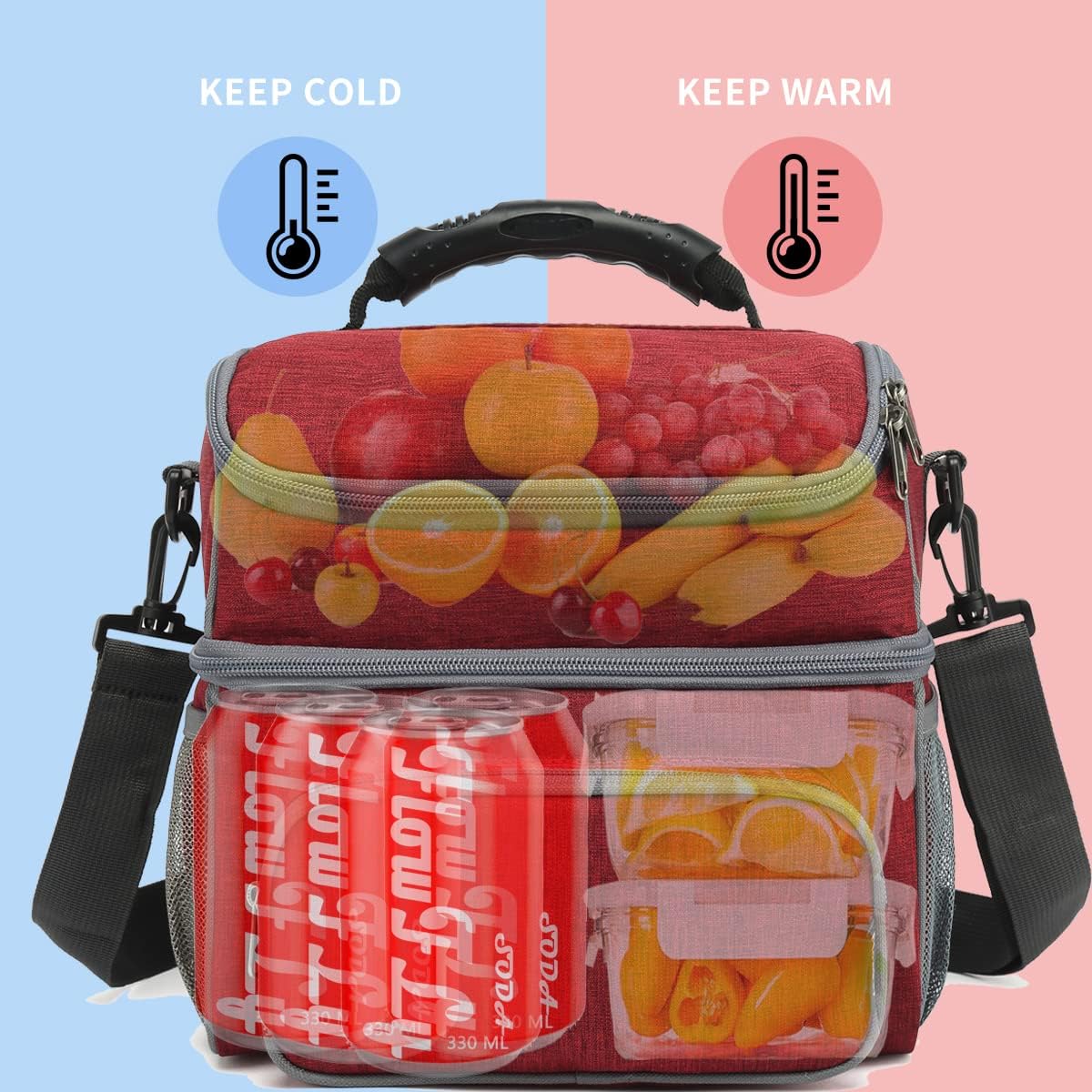 FlowFly Double Layer Cooler Insulated Lunch Bag Adult Lunch Box Large Tote Bag for Men, Women, With Adjustable Strap,Front Pocket and Dual Large Mesh Side Pockets