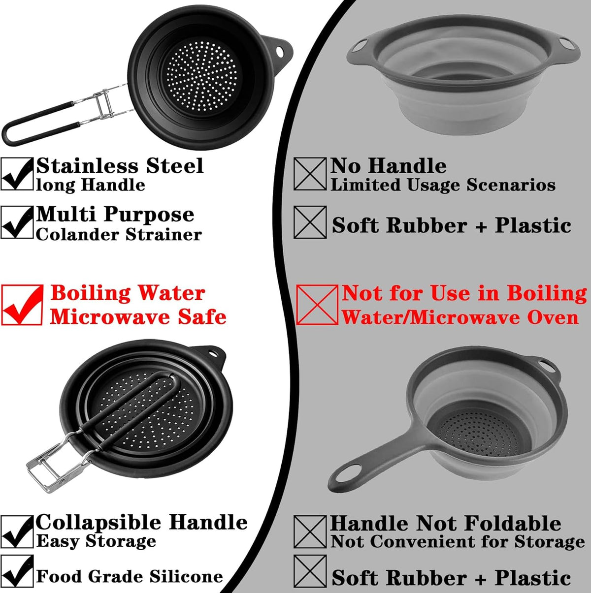 Silicone Collapsible Colander with Handle,Home/RV Kitchen Space Saving Silicone Colander,Drainage of Food,Vegetables,Fruits (Grey)