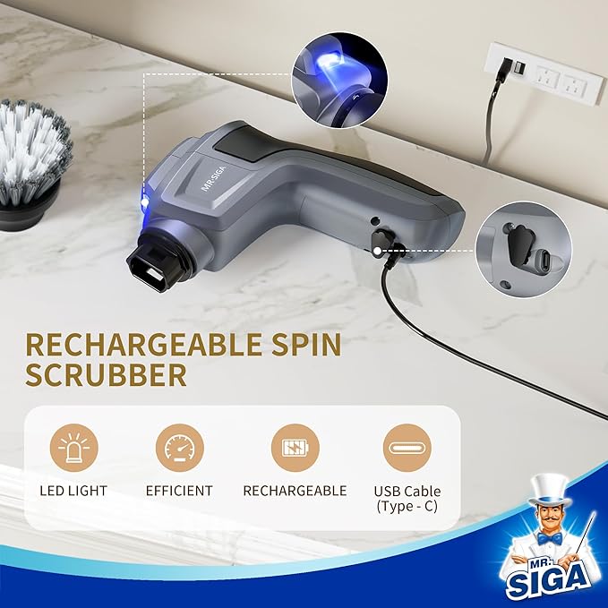 MR.SIGA Electric Spin Scrubber for Kitchen and Bathroom Cleaning, Waterproof Rechargeable Cordless Spin Scrubber with 5 Replaceable Cleaning Brushes and Pads