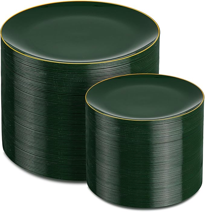 PULOTE 200PCS Green Plastic Plates - Heavy Duty Green Disposable Include 100 Each (10 inch Dinner & 7 inch Dessert) Plates for Christmas Party