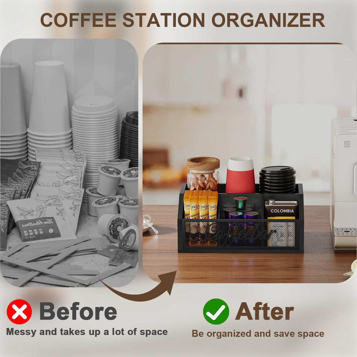 YINMIT Coffee Station Organizer for Countertop, Wood Coffee Bar Organizer with Removable Dividers for Pods, Syrup, Cups, Stirrer, Tea - Office Bar Accessories, Black