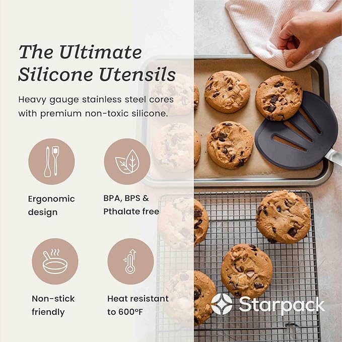 StarPack Premium Flexible Wide Silicone Turner Spatula - High Heat Resistant to 600°F, Hygienic One Piece Design, Non Stick Rubber Kitchen Utensil for Fish, Egg, Pancakes, Cookies & more (Stormy Grey)