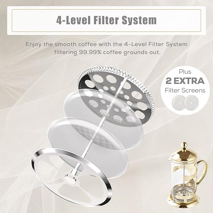 DUJUST Gold French Press Set with 6 Cups & 1 Tray, Luxury Design Coffee Maker Set with 4-Level Filter System, Hot&Cold Resistant Glass French Coffee Press Set, Well Packed, Holiday Gift & Home Décor