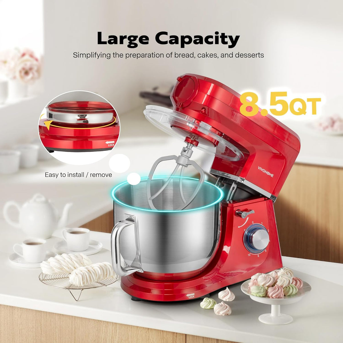 VIVOHOME 6 in 1 Multifunctional Stand Mixer with 8.5 Quart Stainless Steel Bowl, 660W 10 Speed Tilt-Head Meat Grinder, Juice Blender, Vegetable Slicer, Pasta and Cookie Maker, Red