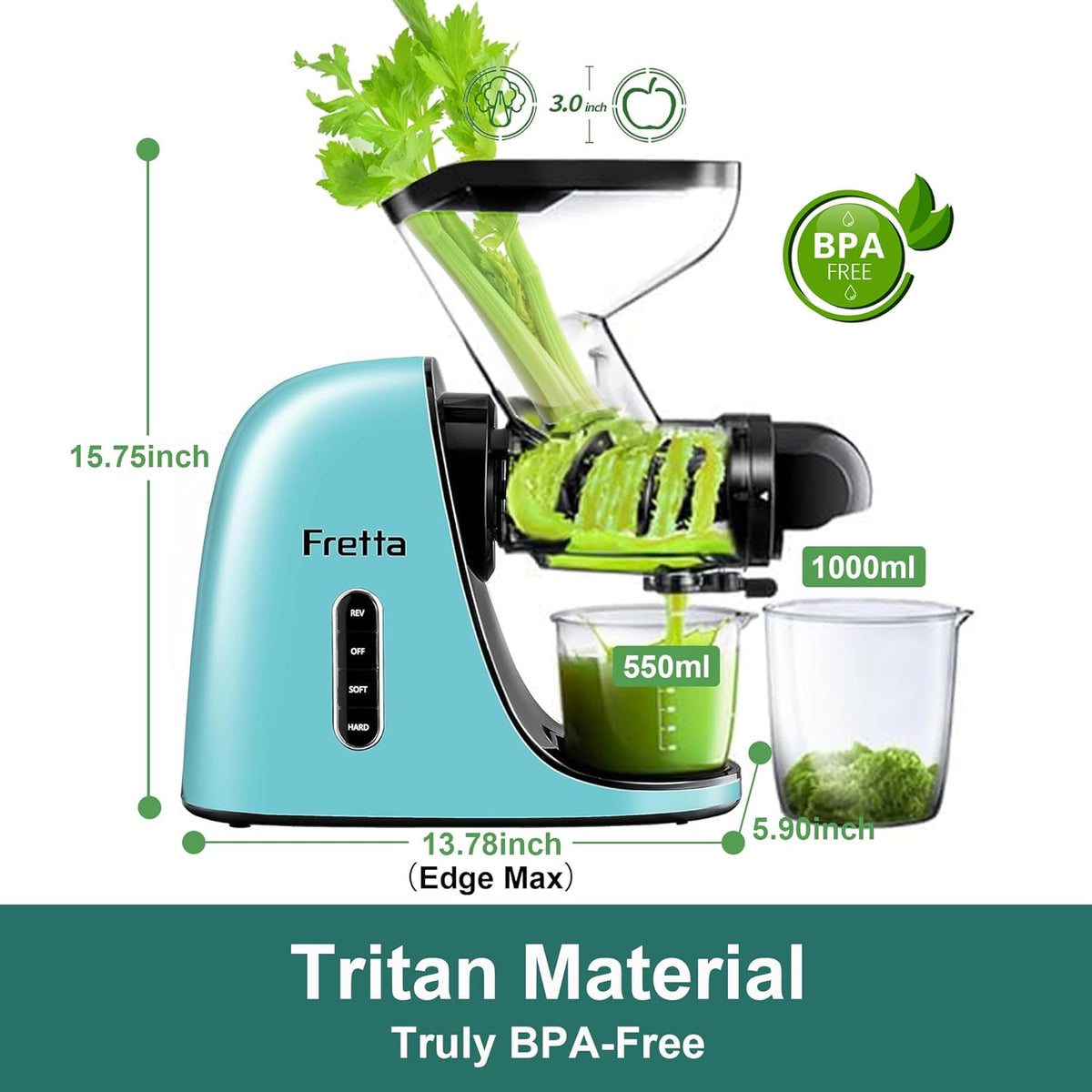 Masticating Slow Juicers, Fretta Wide Feeding Chute Cold Press Juicer, BPA-Free, Celery Juicer Extractor with Quite DC Motor & Reverse Function, 2 Speed, 200W(Light blue)