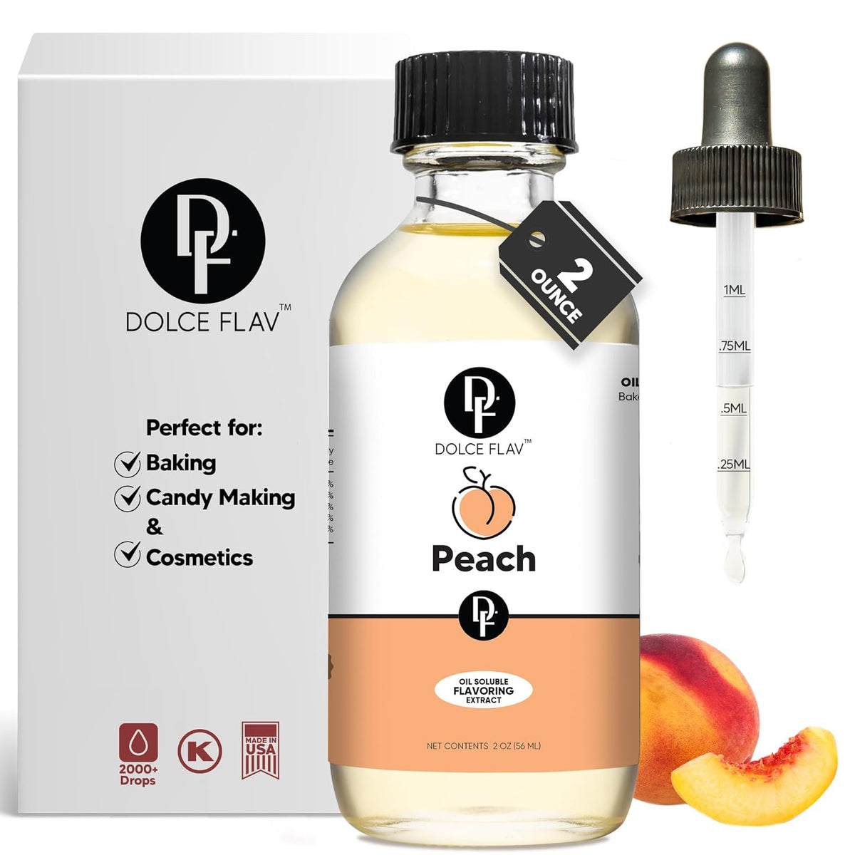 Dolce Flav Peach Extract – 2 Ounce Oil-Soluble Kosher, Sugar-Free, Concentrated Juicy Peach Flavoring for Baking, Chocolates & Desserts, Includes Measured Dropper