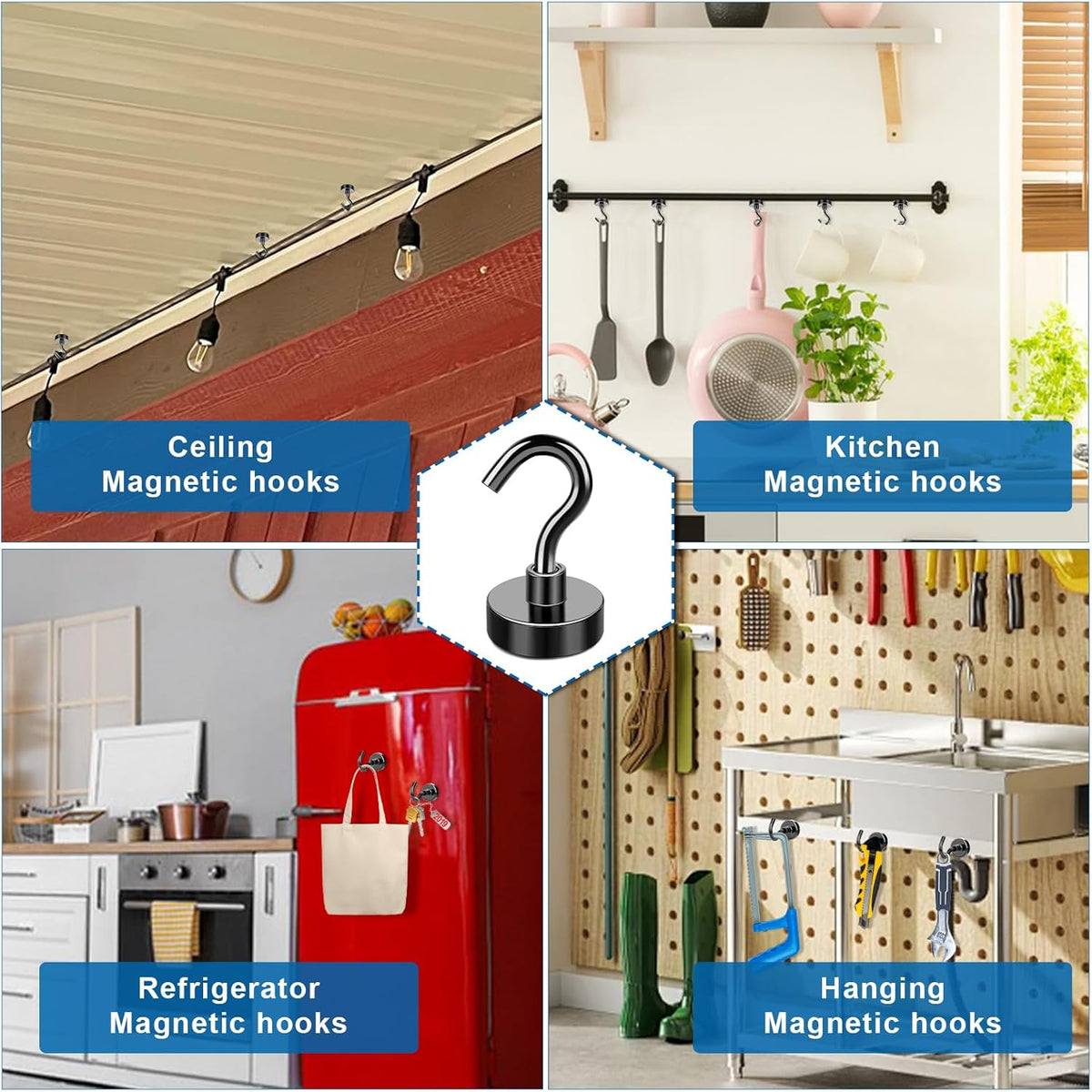 LOVIMAG Magnetic Hooks，30Lbs Black Magnet Hooks for Cruise Cabin, Magnetic Hooks for Hanging, Fridge, Classroom, Refrigerator, Ceiling, Office, Kitchen. Grill, Garage-18Pack