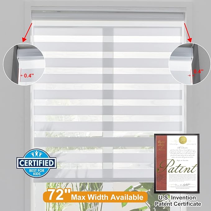 Persilux Cordless Zebra Blinds for Windows Shades (65" W x 72" H, White) Dual Layer Fabric Light Control for Day and Night Room Darkening Sheer Roller Shades for Home, Bedroom and Office
