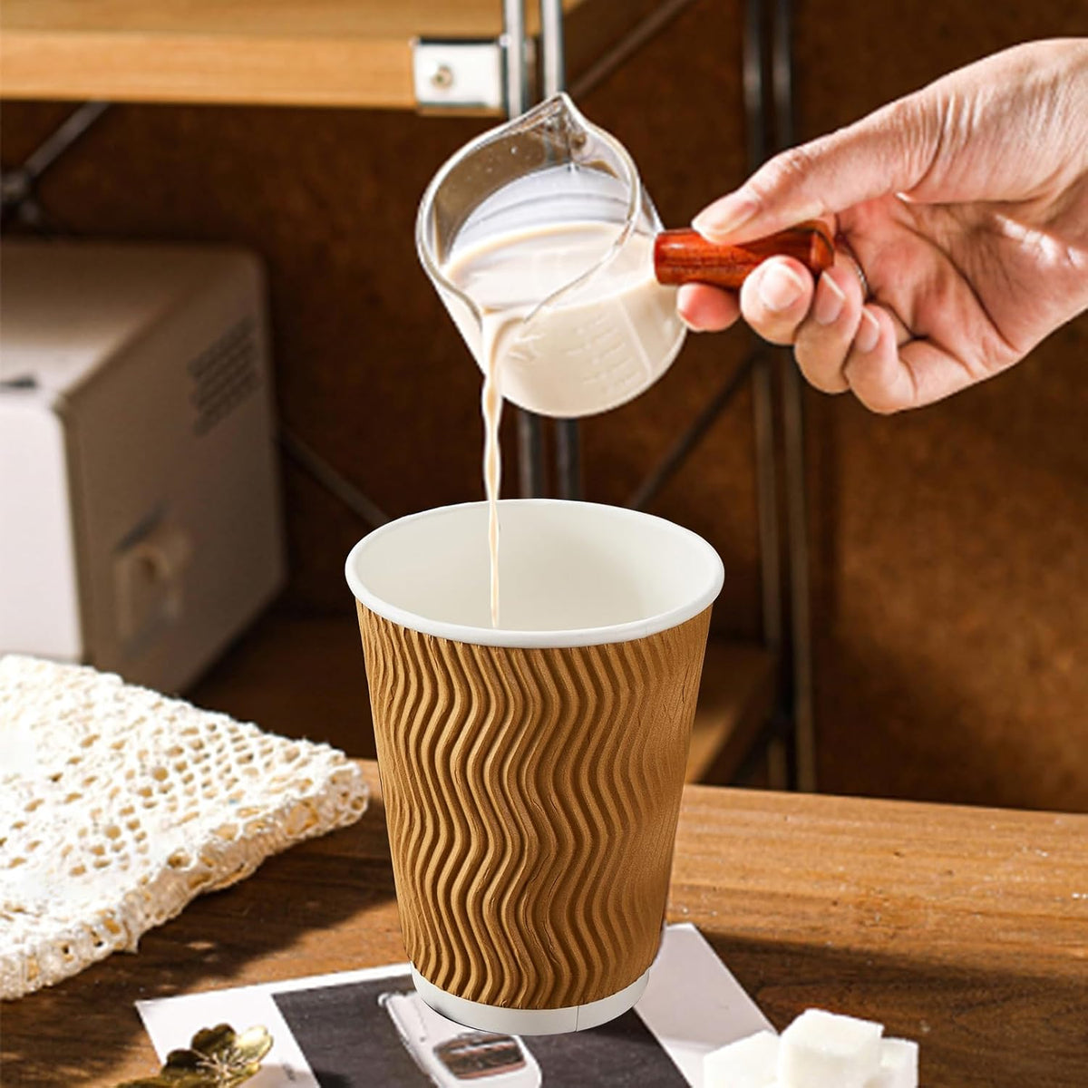 120 Pack 12 oz Coffee Cups, Disposable Corrugated Insulated Ripple Wall Paper Coffee Cups 12oz for Hot or Cold Drinks Office Home Cafe Party Travel (Champagne)