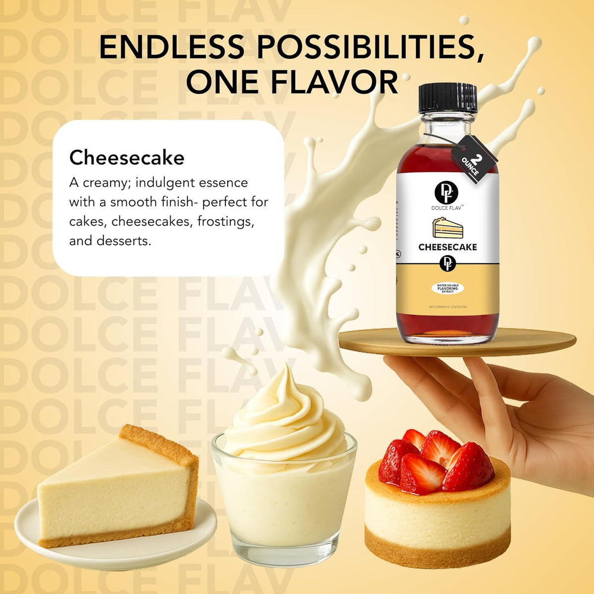 Dolce Flav Cheesecake Extract – 2 Ounce Water-Soluble Kosher, Sugar-Free, Concentrated Creamy Flavor for Desserts, Frostings & Pastries, Includes Measured Dropper