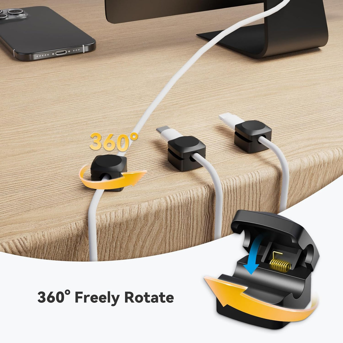 Rotatable Cord Organizer, Enhanced Spring Cable Clips, Strong Adhesive Cable Management, Desk Cord Holder for Nightstand, Office Accessories and Car (8*Black)