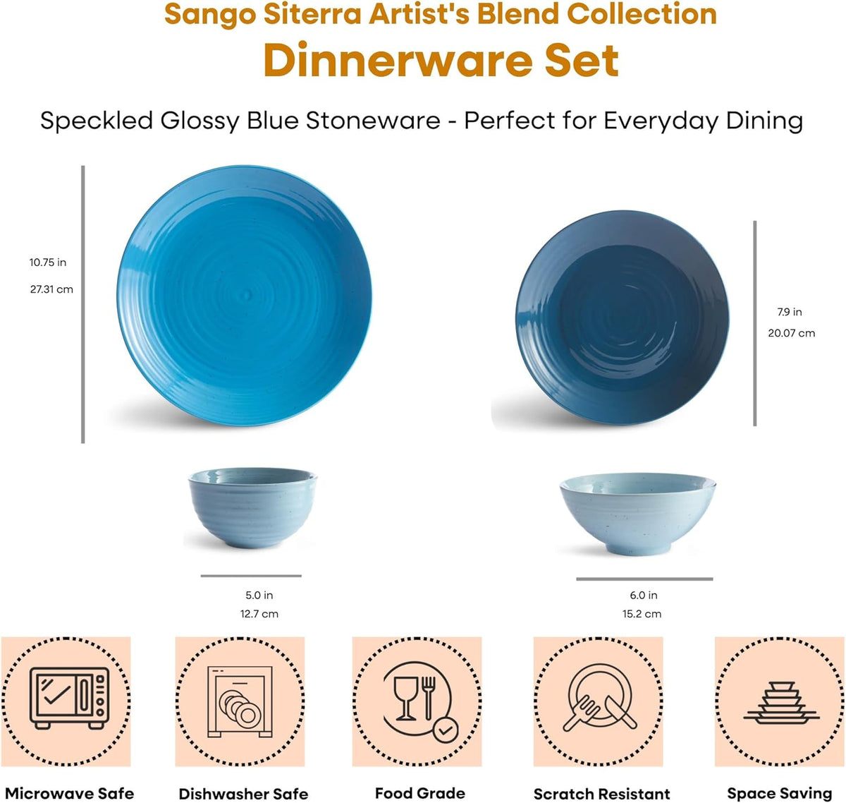 Sango Siterra Artist's Blend 16-Piece Stoneware Dinnerware Set – Service for 4, Ocean Blue Glossy Glaze with Unique Speckled Design, for Everyday Dining & Entertainment, Microwave & Dishwasher Safe